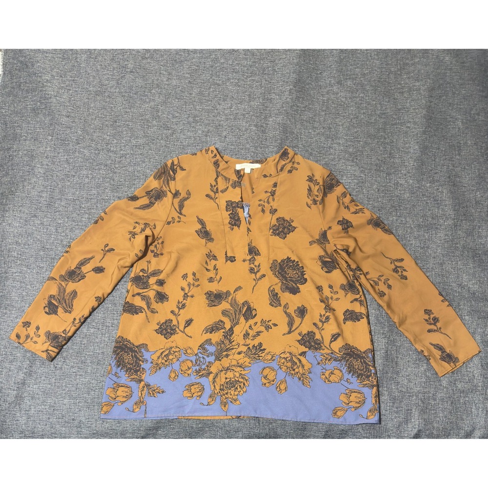 Everleigh Womens XL Blouse Mustard Yellow Blue Floral Long Sleeve V-Neck BE11007